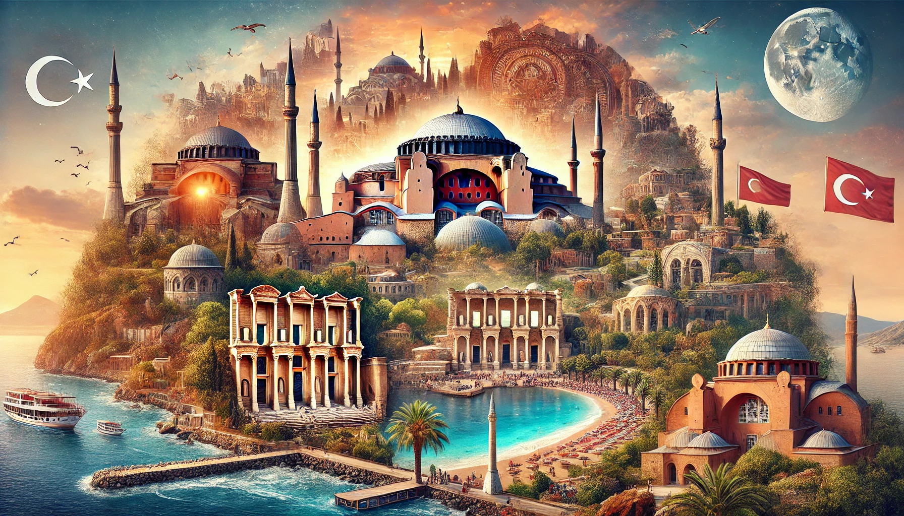 A stunning composite image of Turkey showcasing the iconic Hagia Sophia in Istanbul, the ancient ruins of Ephesus, the beautiful beaches of Antalya, and the picturesque coastline of Kusadasi.