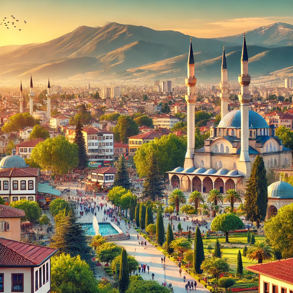 Picturesque view of Bursa, Turkey, showcasing the Grand Mosque of Bursa, historic buildings, lush green parks, and Mount Uludag in the background.