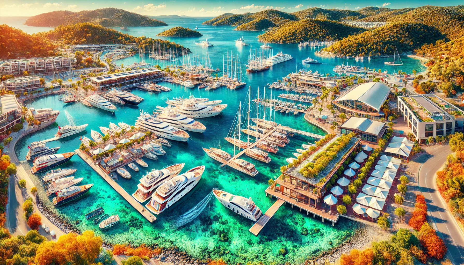 Vibrant view of marinas in Turkey showcasing modern facilities, yachts docked, clear blue waters, and lush green hills.