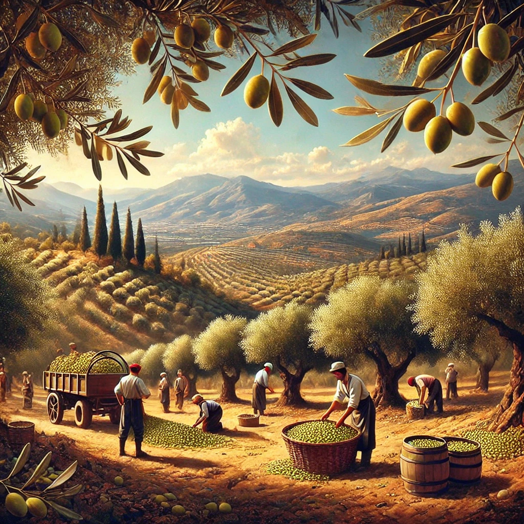 A picturesque scene of a traditional Turkish olive grove during the harvest season with workers harvesting olives.