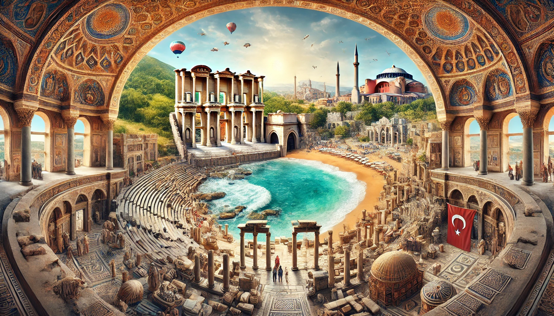 Turkey's attractions: ancient Ephesus, Antalya beaches, Hagia Sophia, and Istanbul museums under a clear sky.