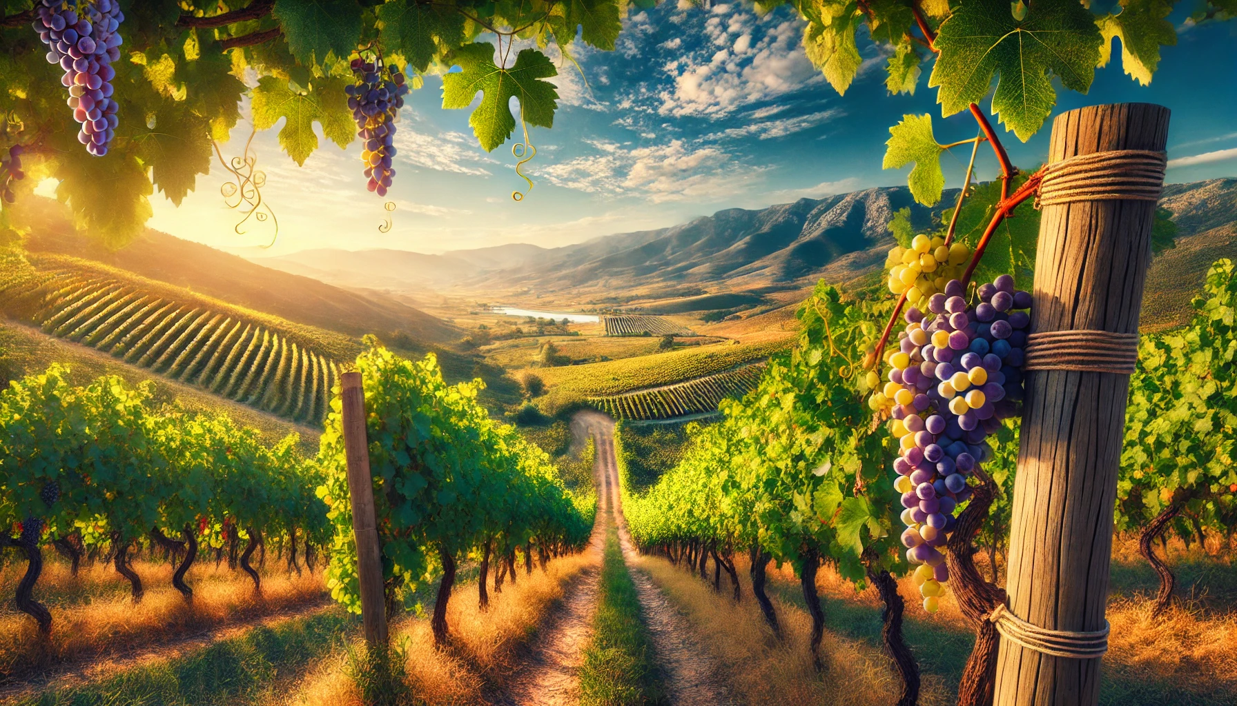 A picturesque vineyard in Turkey, featuring lush grapevines under a clear blue sky with rolling hills in the background. The scene includes clusters of ripe grapes and a tranquil countryside setting.