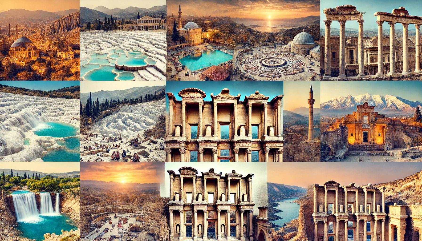 Collage showcasing various UNESCO World Heritage Sites in Turkey, including Göreme National Park, Pamukkale's travertine terraces, the ancient city of Ephesus, the ruins of Troy, the Hagia Sophia in Istanbul, Mount Nemrut, and the rock-cut churches of Cappadocia.