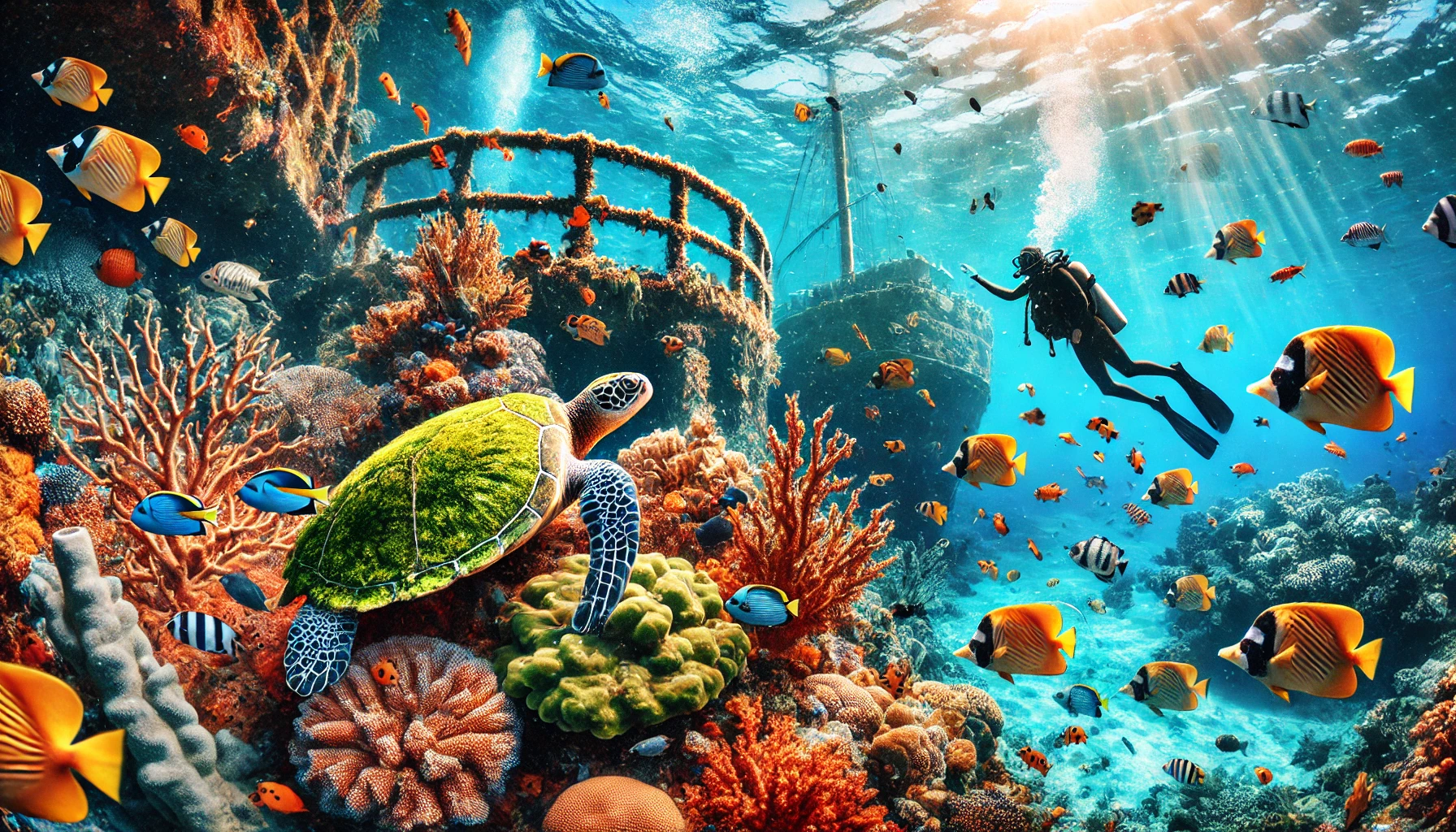 Underwater view of Turkey's best diving locations featuring colorful coral reefs, exotic fish, sea turtles, and a sunlit shipwreck