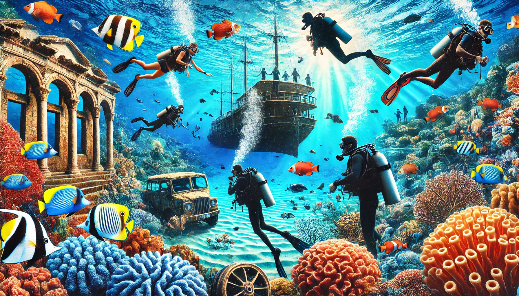 A vibrant scene showcasing scuba diving in Turkey, featuring divers exploring the clear blue waters of the Mediterranean and Aegean Seas, with colorful coral reefs, diverse fish species, and historical wrecks.