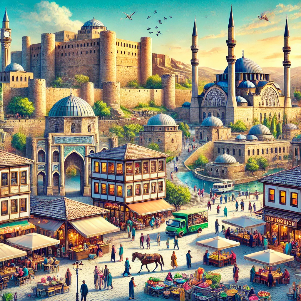 Vibrant scene in Diyarbakır, Turkey with the Diyarbakır Fortress, Great Mosque, and bustling markets.