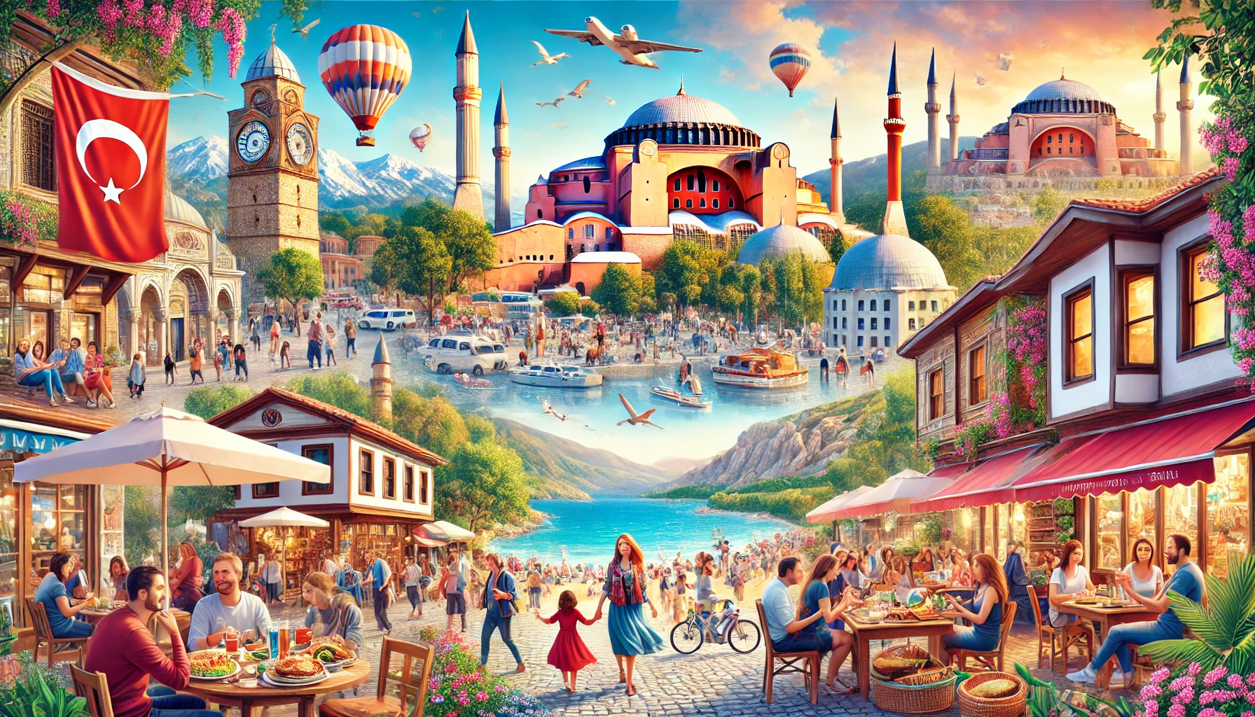 A vibrant scene of domestic tourism in Turkey featuring Hagia Sophia, Cappadocia's fairy chimneys, and Antalya's beaches.