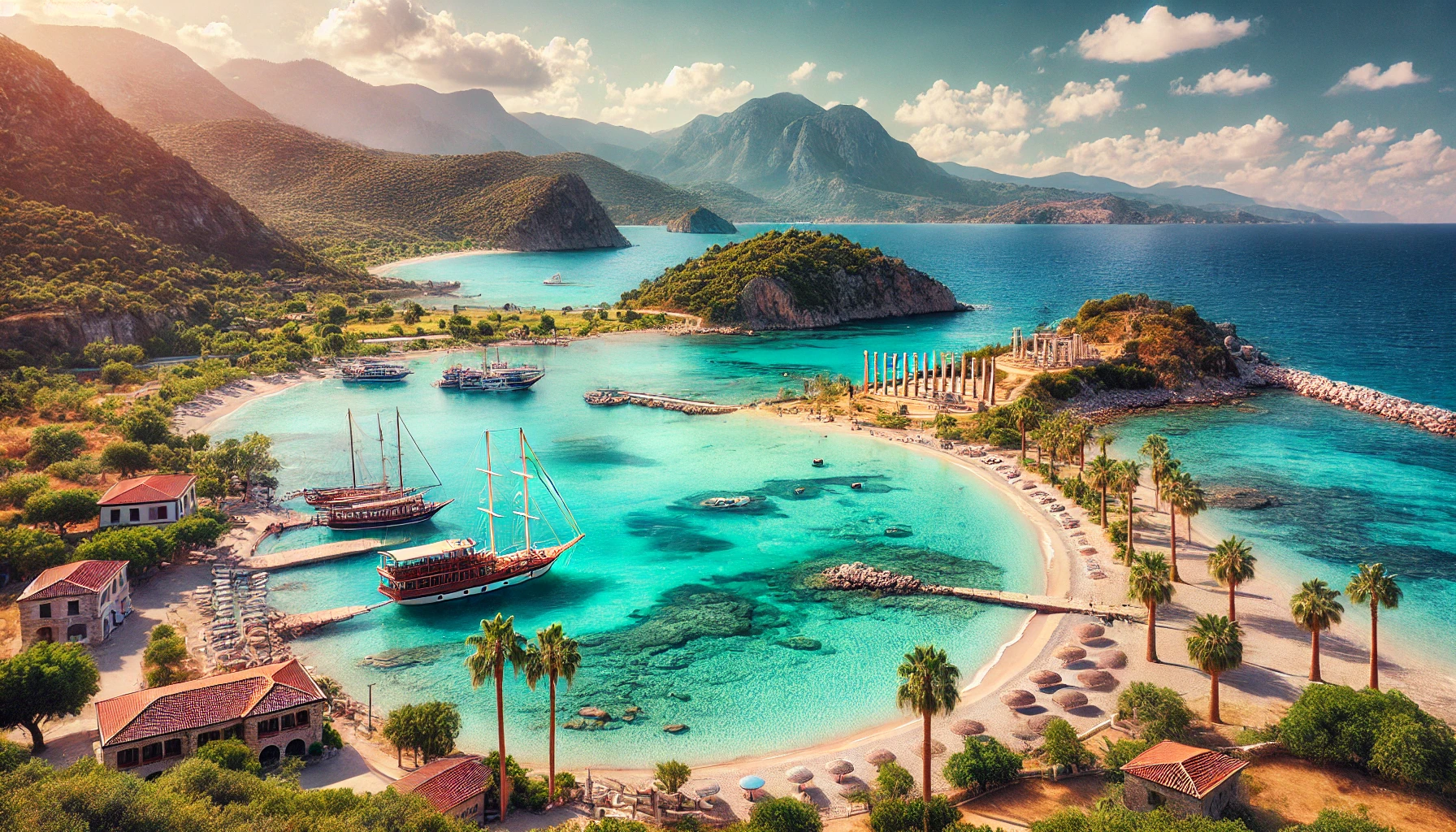 A picturesque view of the Eastern Mediterranean coast in Turkey, featuring clear turquoise waters, pristine beaches, and lush greenery. The scene includes ancient ruins, a charming harbor with boats, and a backdrop of rugged hills.