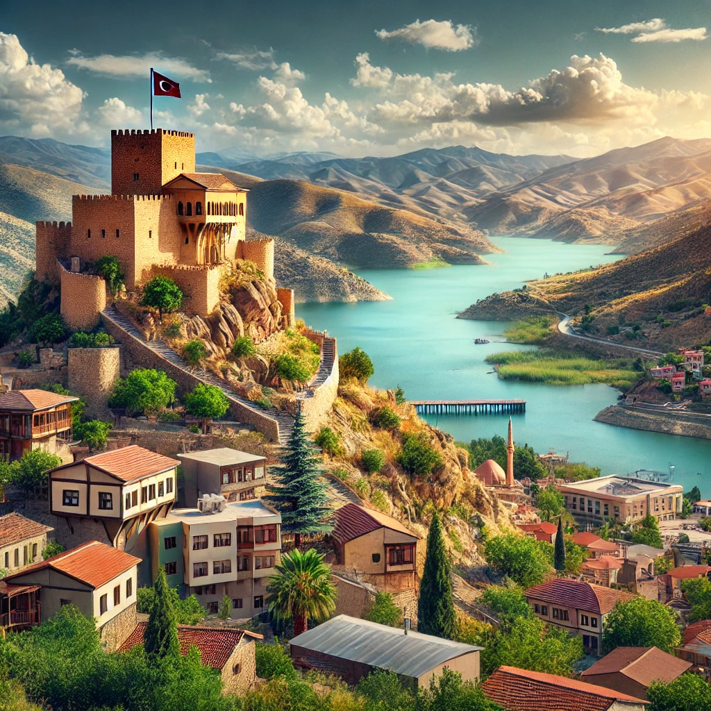 A picturesque view of Elazığ, Turkey, showcasing the historical Harput Castle on a hill overlooking the city, with the Keban Dam reservoir in the background. The scene includes a mix of traditional and modern architecture, lush greenery, and a clear blue sky.