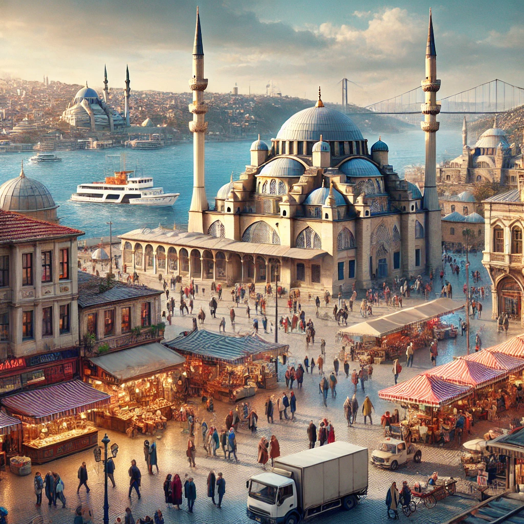 Eminönü district in Istanbul with the vibrant Eminönü Square, Yeni Cami (New Mosque), Egyptian Spice Bazaar, and the scenic Bosphorus Strait.