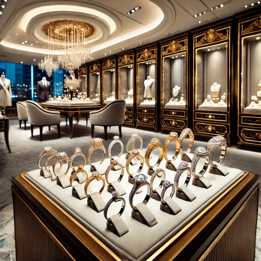 A luxurious Turkish jewelry store displaying a variety of elegant engagement rings, including diamond, moissanite, and custom designs.