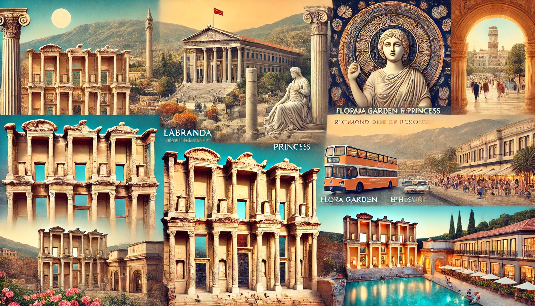 Collage showcasing various landmarks and experiences in Ephesus, Turkey, including the ancient ruins of the city Ephesus, the Temple of Artemis, the House of the Virgin Mary, and luxury resorts like Labranda Ephesus Princess, Flora Garden Ephesus, Richmond Ephesus Resort, and TUI Blue Ephesus.