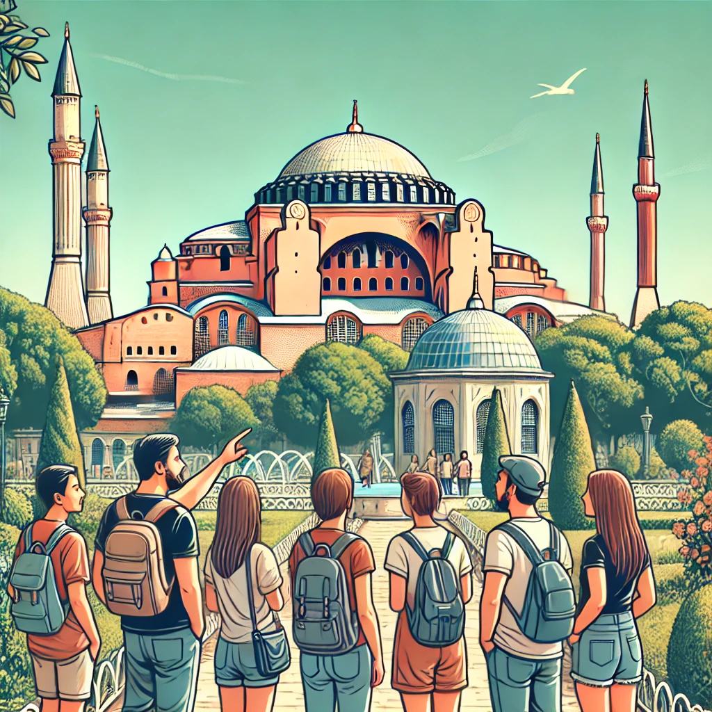 Tourists exploring historical sites in Istanbul with a guide, focusing on Hagia Sophia