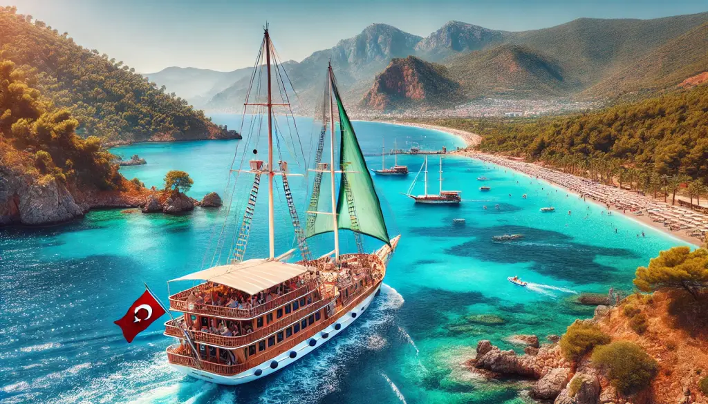 Picturesque view of a Blue Cruise in Turkey with a traditional gulet schooner sailing along the turquoise waters of the Turkish Riviera.