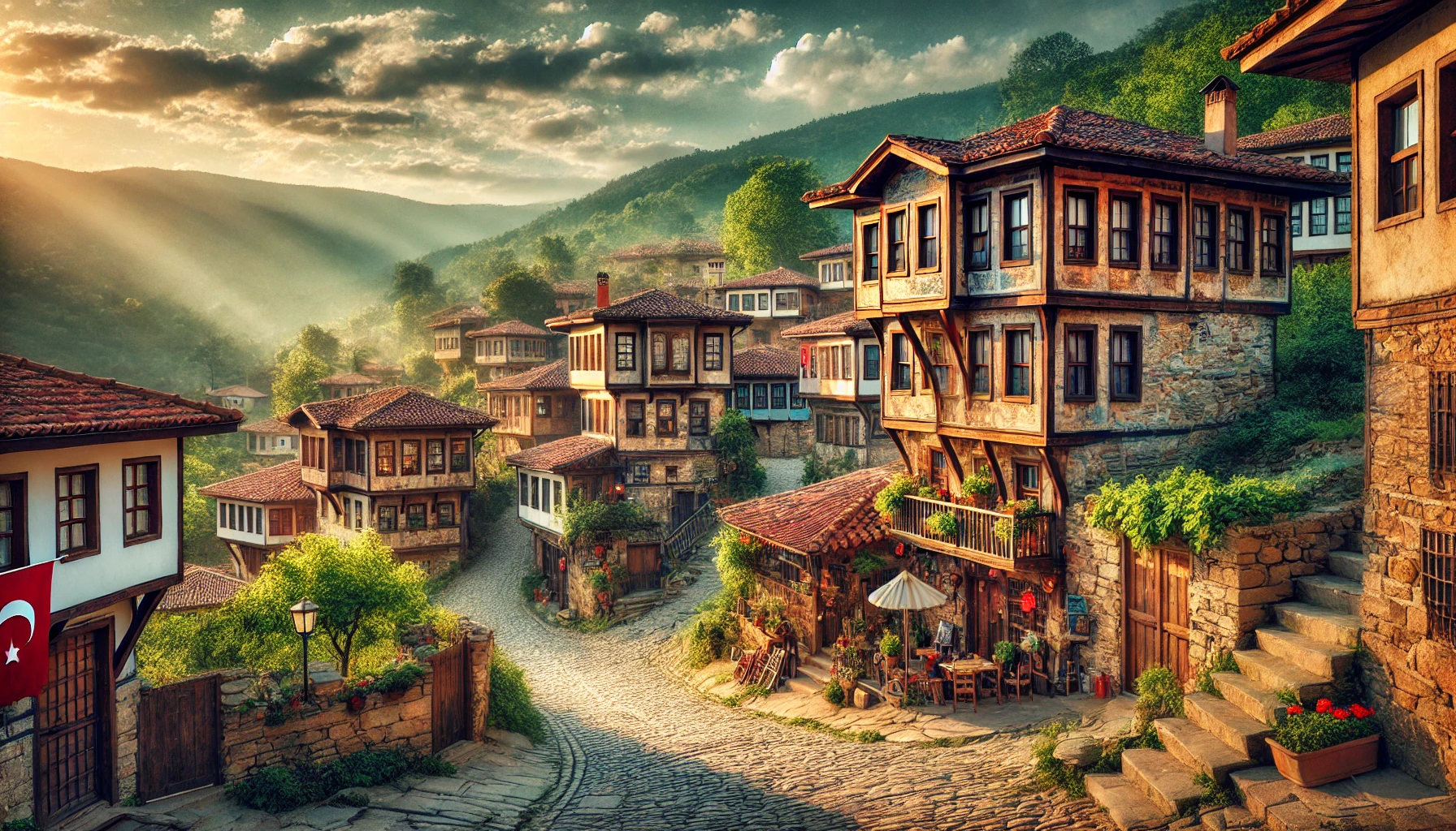 A picturesque view of the village of Cumalıkızık near Bursa, Turkey, showcasing traditional Ottoman houses with wooden frames and stone foundations, cobblestone streets, and lush greenery in the background.