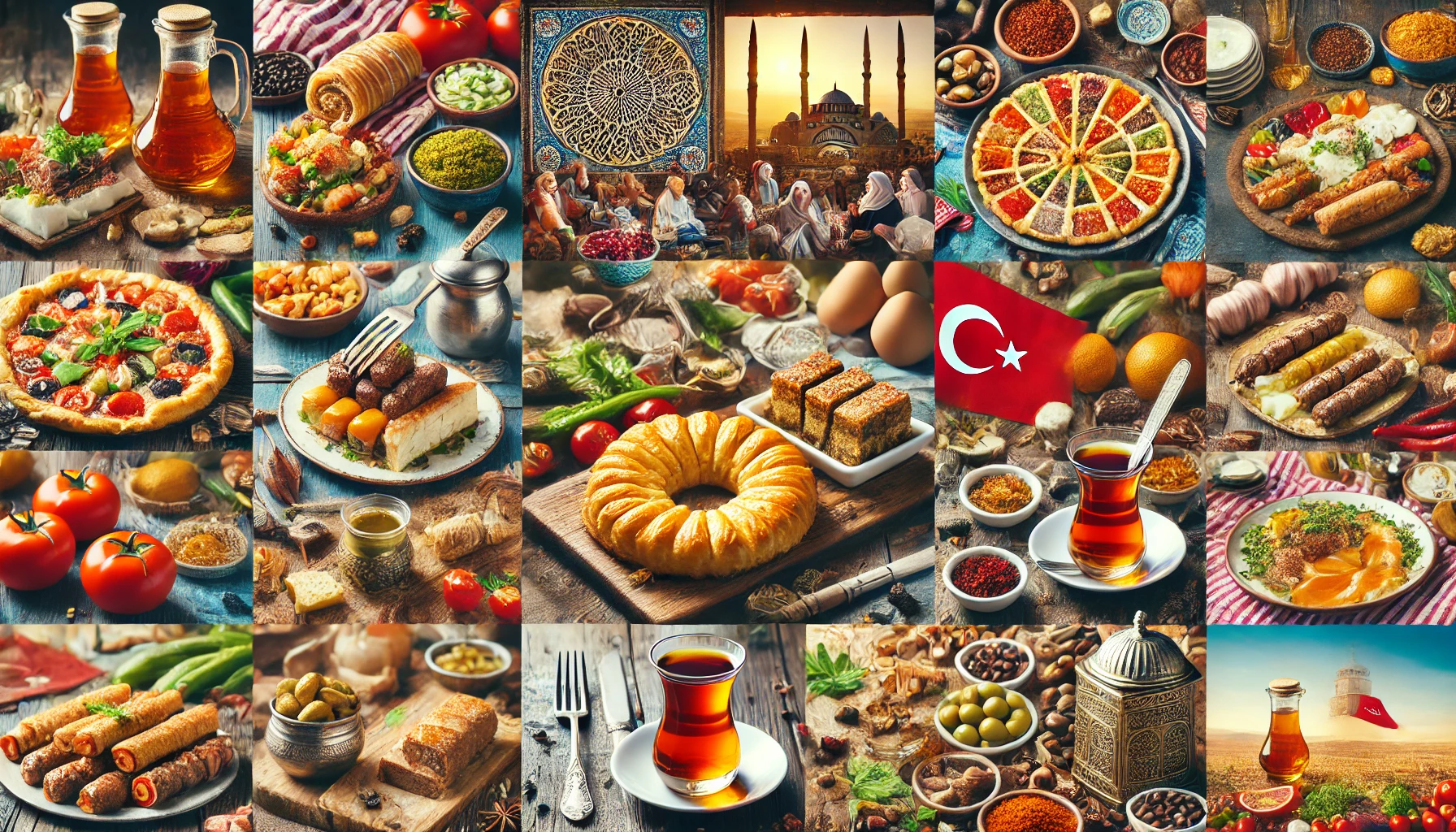 Collage showcasing various aspects of Turkish cuisine, including traditional dishes like kebabs, baklava, and mezes, people enjoying meals together, Turkish tea and coffee, fresh ingredients like olives and spices, and regional specialties.