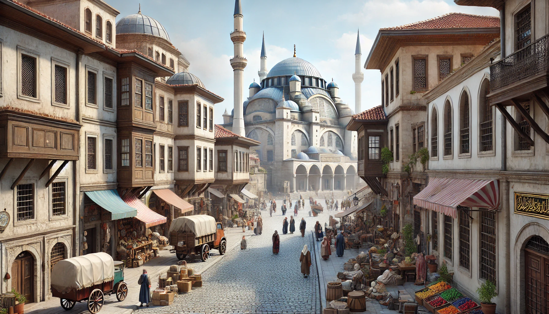 Realistic view of Eyüpsultan, Istanbul featuring the historic Eyüp Sultan Mosque, Ottoman-style architecture, narrow cobblestone streets, and bustling market areas with people exploring the area under a clear sky.