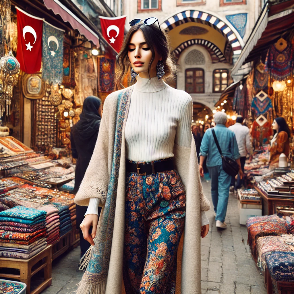 Stylish woman walking through Istanbul's Grand Bazaar surrounded by vibrant textiles and traditional Turkish garments.