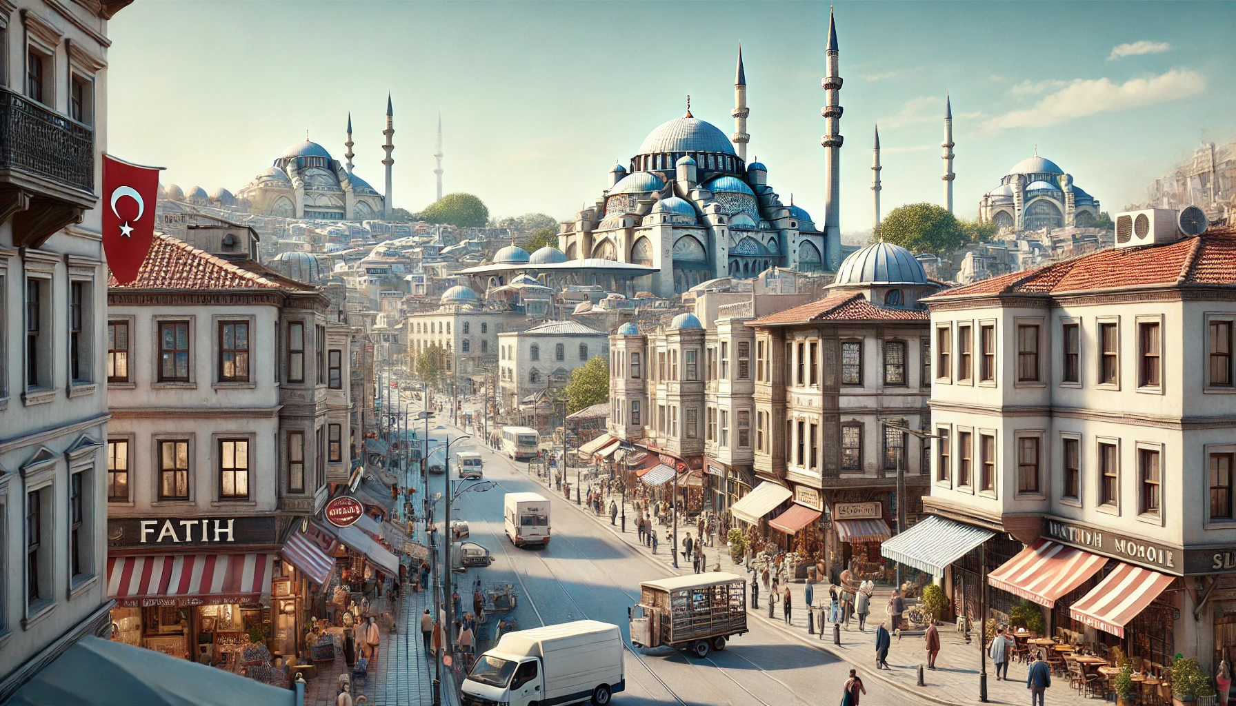 Realistic view of Fatih, Istanbul with the iconic Fatih Mosque, Ottoman architecture, busy streets, shops, and cafes, people walking and enjoying the area under a clear blue sky.