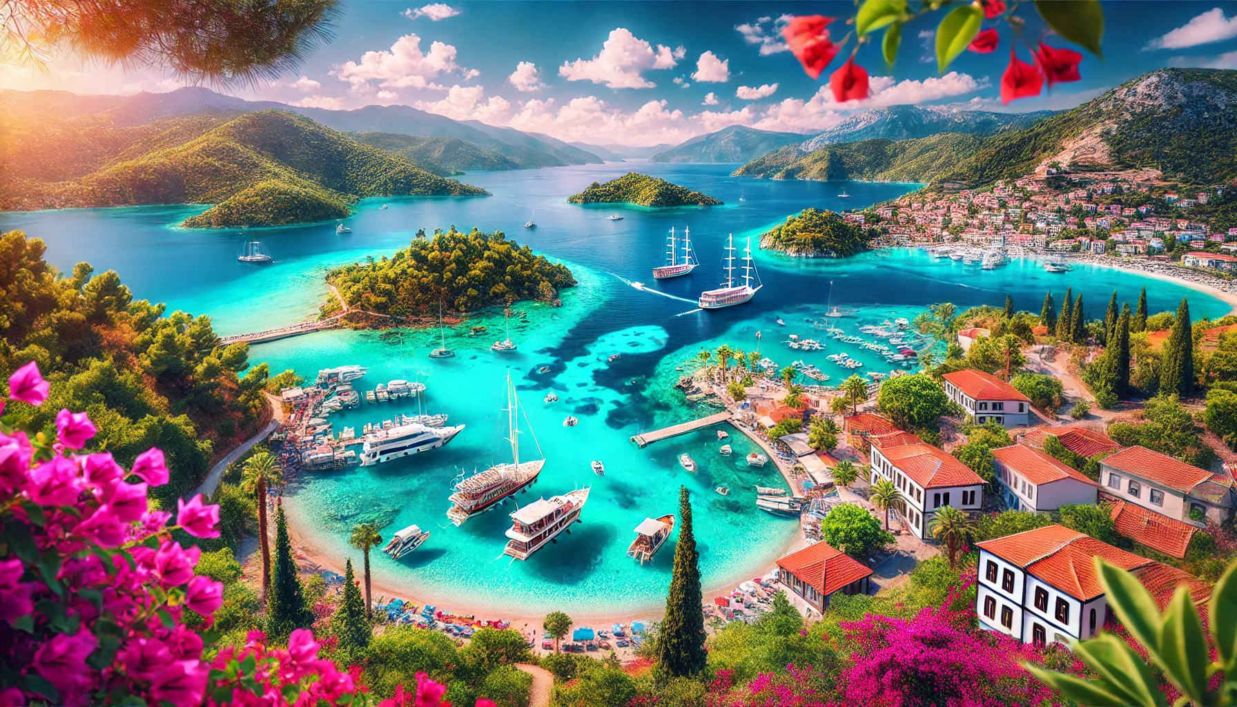 A breathtaking view of Fethiye coastline in Turkey, featuring the clear turquoise waters of the Blue Lagoon, lush green hills, and a picturesque harbor with boats, with vibrant bougainvillea and scenic beaches.