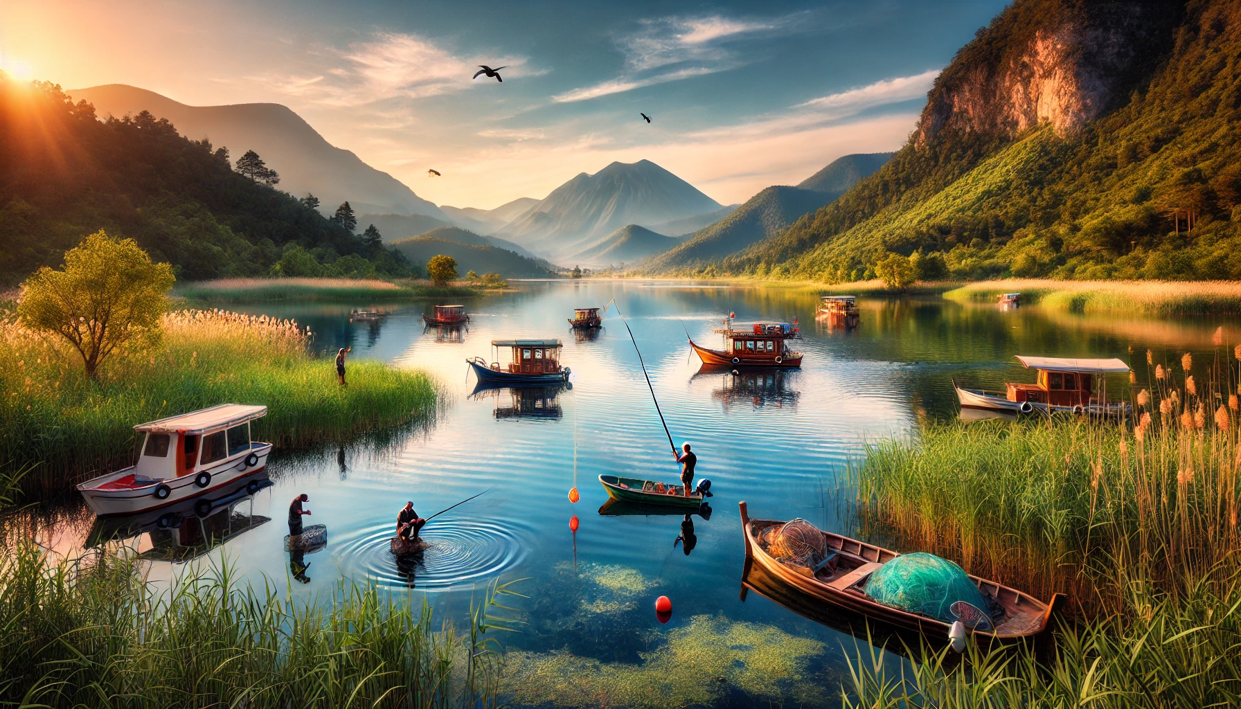 A picturesque fishing scene in Turkey featuring a serene lake surrounded by lush greenery and mountains in the background. Anglers are fishing from small boats and the shore, with the clear blue water reflecting the vibrant sky. The sun is setting, casting a golden glow over the landscape, and traditional Turkish fishing boats with colorful details are anchored nearby