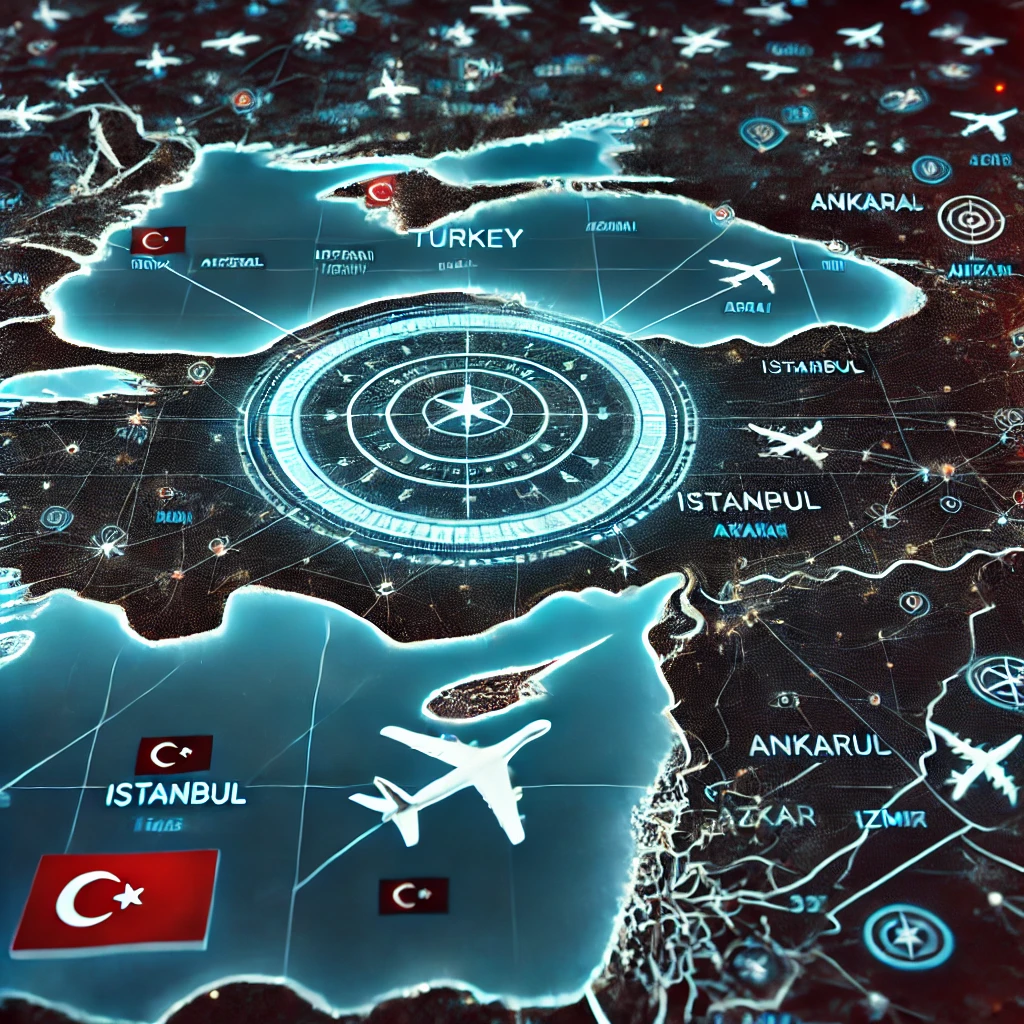 Flights radar screen displaying real-time flight paths over Turkey.