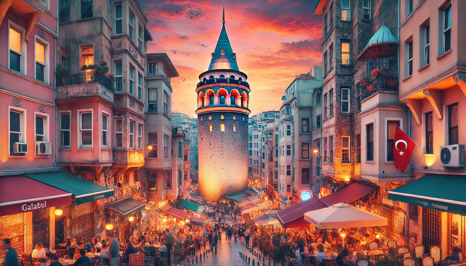 Galata Tower in Istanbul with medieval architecture set against a vibrant sunset sky and bustling streets below.