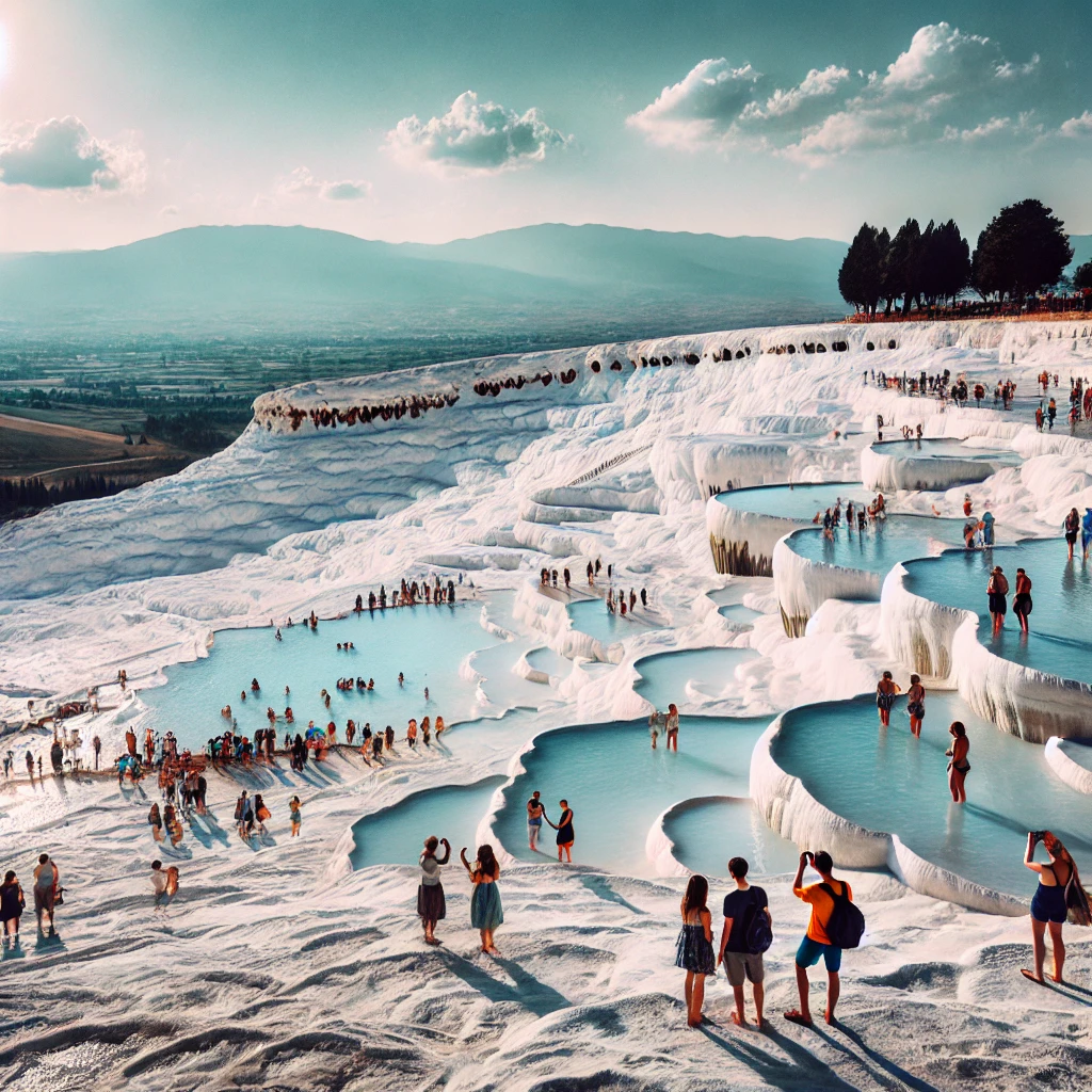 Tourists exploring the travertine terraces of Pamukkale, Turkey with white calcium formations and blue thermal pools.