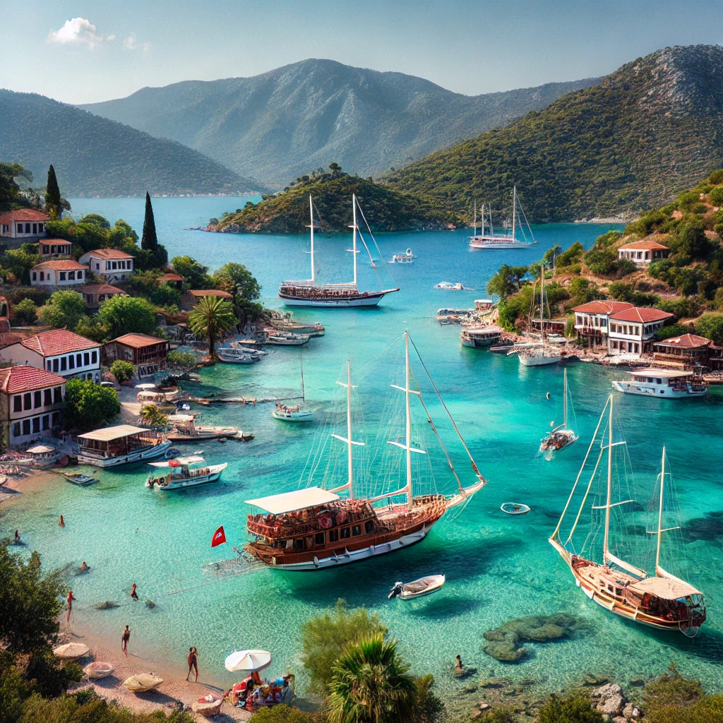 Picturesque view of Göcek in Turkey's Aegean Region, showcasing clear turquoise waters, lush green hills, and traditional sailing boats near the shore.