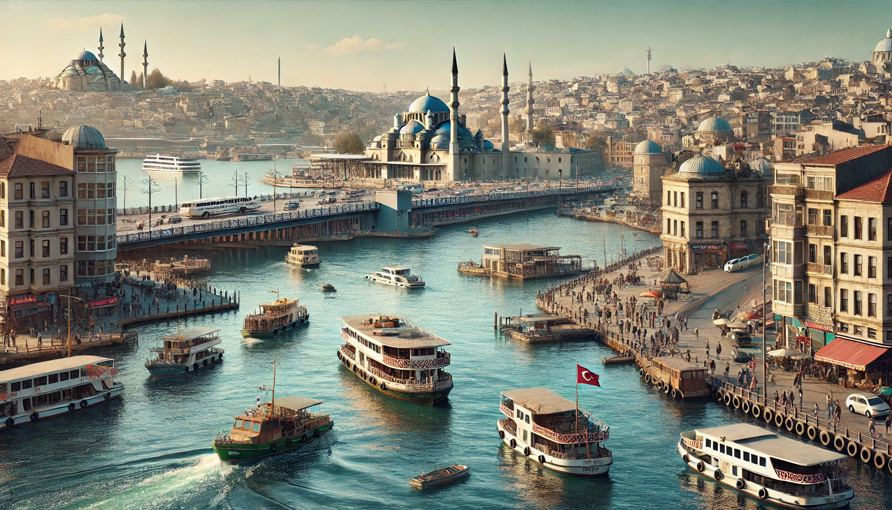 Realistic view of the Golden Horn in Istanbul with serene waters, boats and ferries, historic buildings, Galata Bridge, and a clear blue sky.