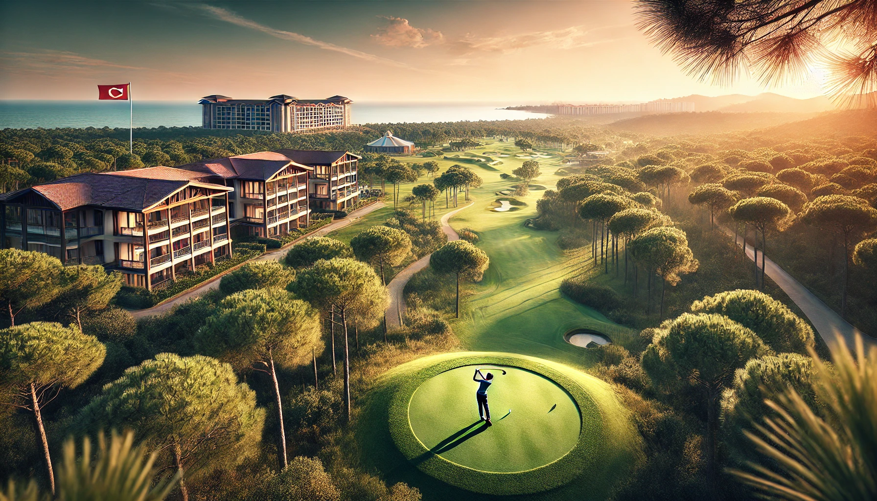 A stunning golf course in Belek, Turkey, surrounded by lush greenery and pine forests, with a golfer teeing off and luxurious resort buildings in the background, and the Mediterranean Sea on the horizon.