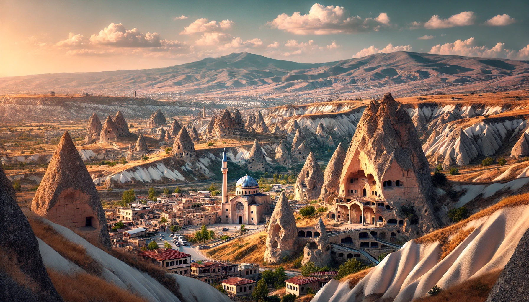 A breathtaking view of Göreme National Park and the Rock Sites of Cappadocia, featuring the iconic fairy chimneys, rock-hewn churches, and an underground city entrance, set against a stunning landscape of valleys and hills under a clear blue sky.