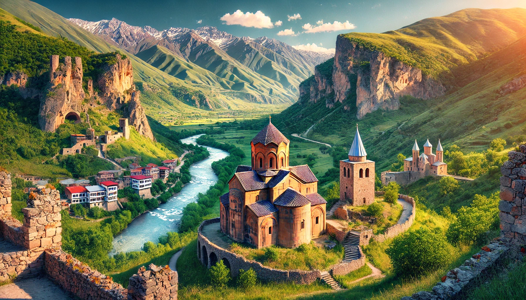 A picturesque view of Gümüşhane, Turkey, showcasing its historical landmarks and natural beauty with ancient ruins, Byzantine churches, a lush green valley, a river, and the Zigana Pass mountains.