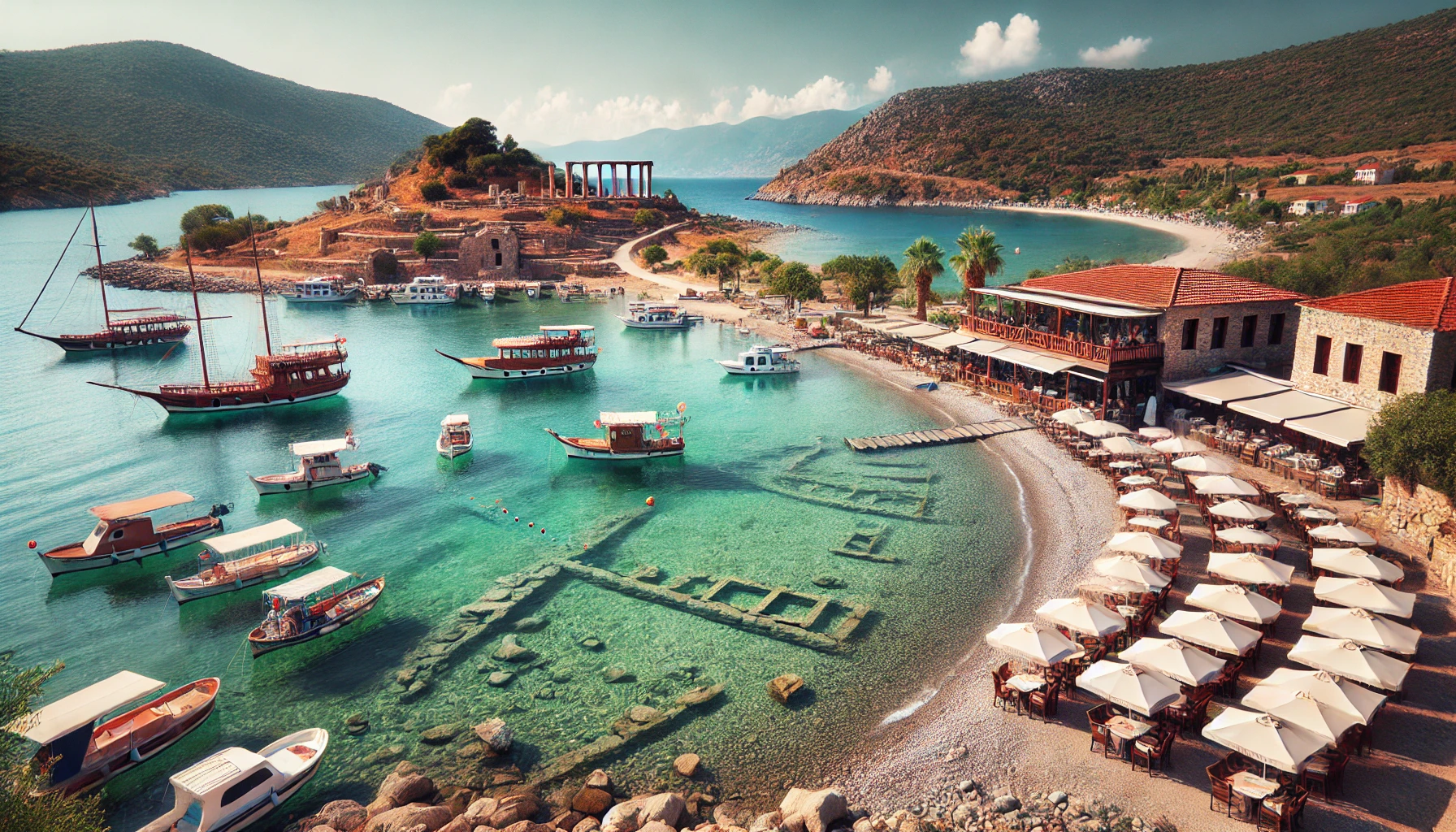 Scenic view of Gümüşlük, Turkey, with calm bay waters, traditional fishing boats, ancient Myndos ruins, Rabbit Island, beachfront restaurants, and lush green hillsides.