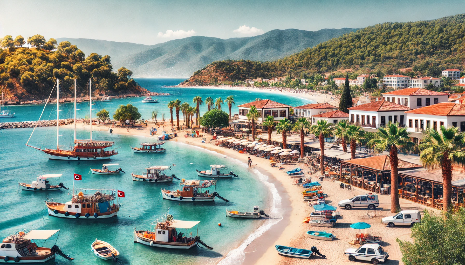 Scenic view of Güzelçamlı, Turkey, showcasing pristine beaches, clear blue waters, traditional fishing boats, lush green hills of Dilek Peninsula, beachfront restaurants, vibrant markets, and ancient ruins of Panionium.