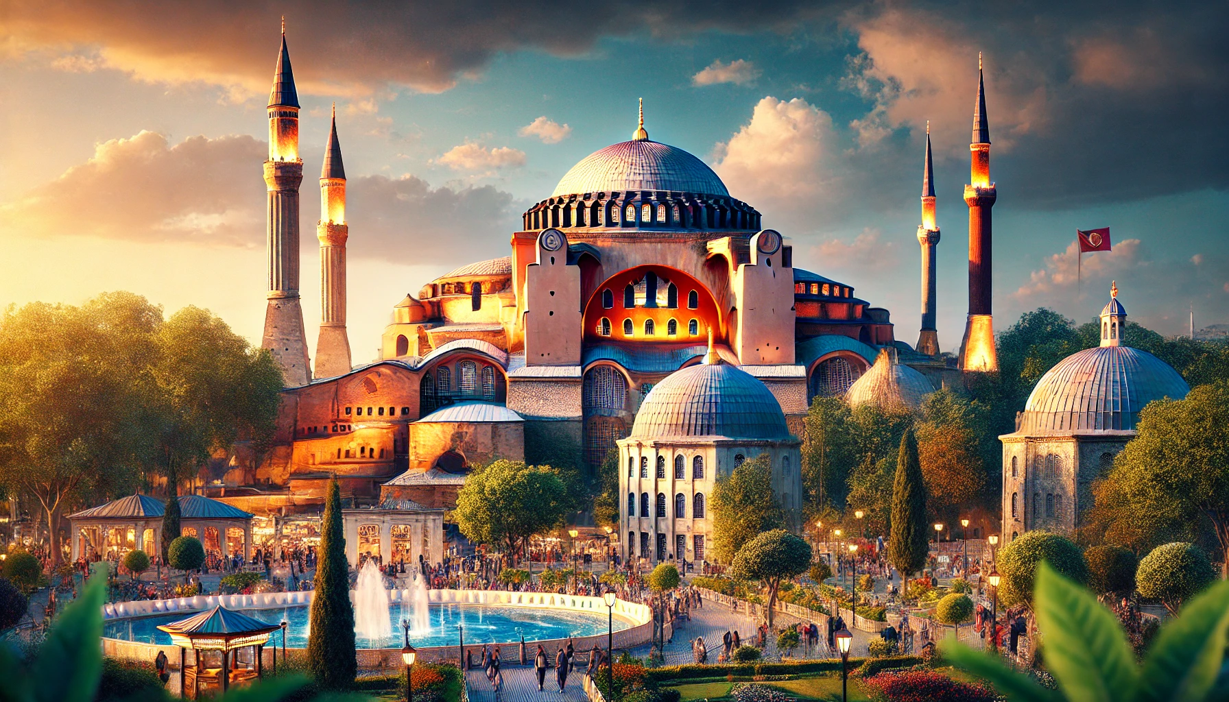 Hagia Sophia in Istanbul, showcasing its iconic Byzantine architecture with a massive dome and elegant minarets.