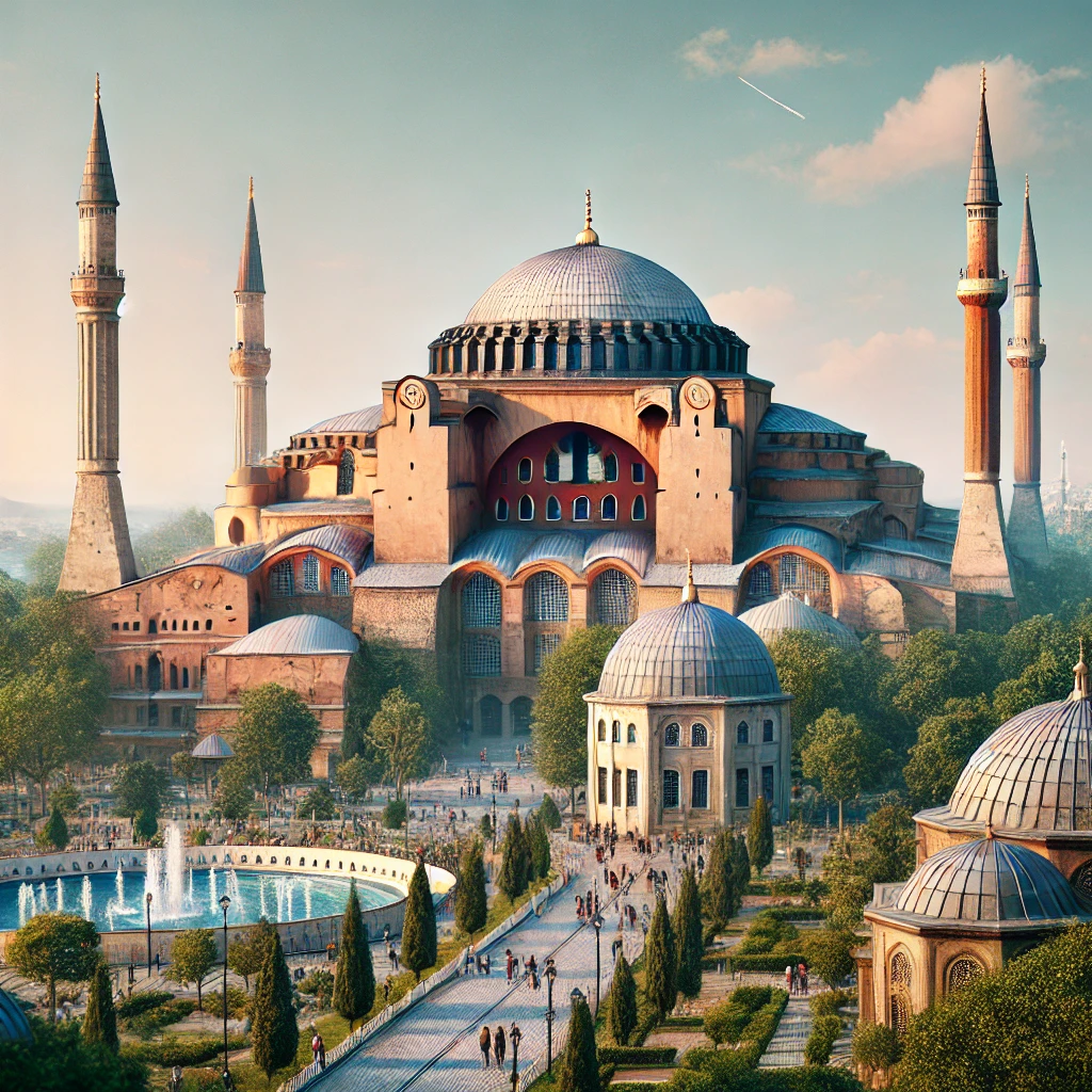 Hagia Sophia Museum in Istanbul with its massive dome, minarets, and tourists exploring the area.