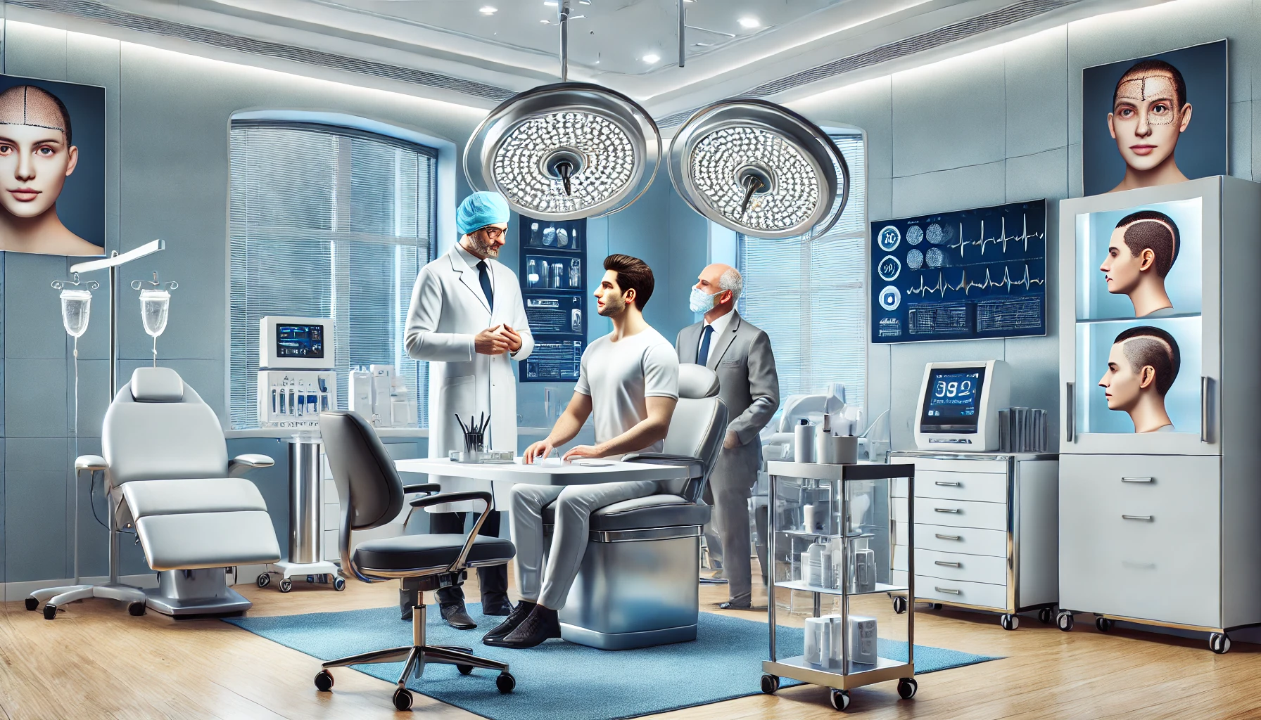 A modern medical clinic in Turkey specializing in hair transplant surgery, featuring advanced medical equipment and experienced surgeons consulting with a patient.