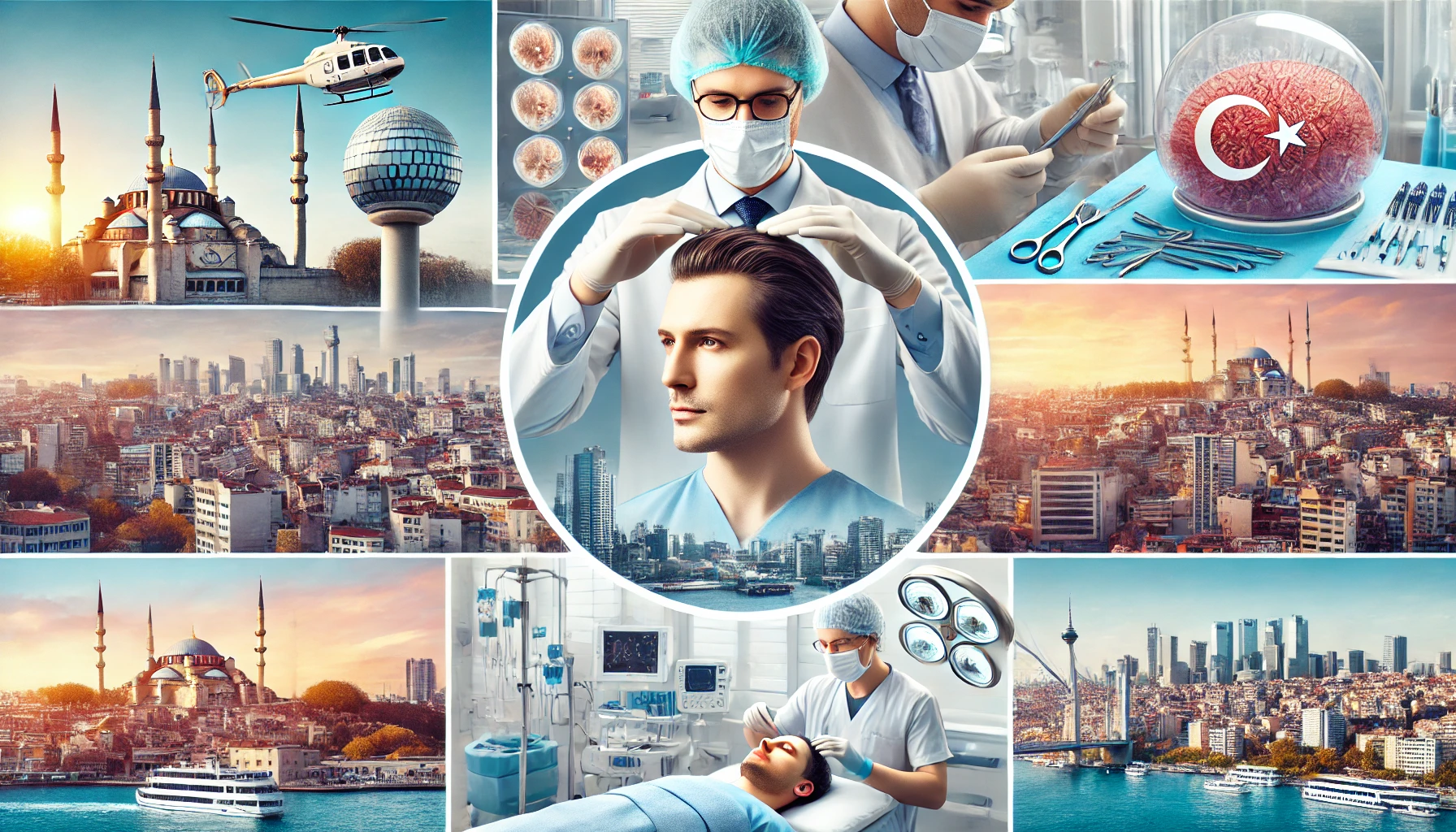 Collage showcasing various aspects of hair transplant procedures in Turkey, featuring a modern medical facility, a surgeon performing the procedure, before-and-after photos of patients, and the vibrant cityscape of Istanbul in the background.