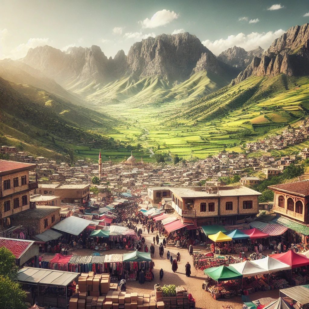 A scenic view of Hakkâri, Turkey, featuring the Cilo Mountains, lush green valleys, and a bustling local market with people in traditional Kurdish attire.