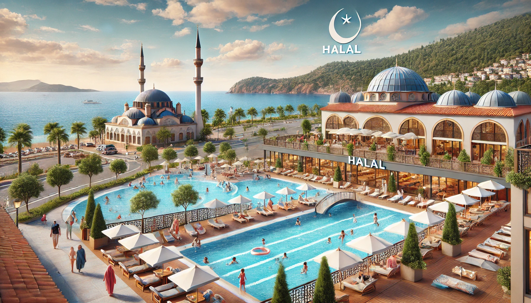 Halal-friendly resort in Turkey with separate swimming pools, halal restaurant, and traditional Turkish architecture.