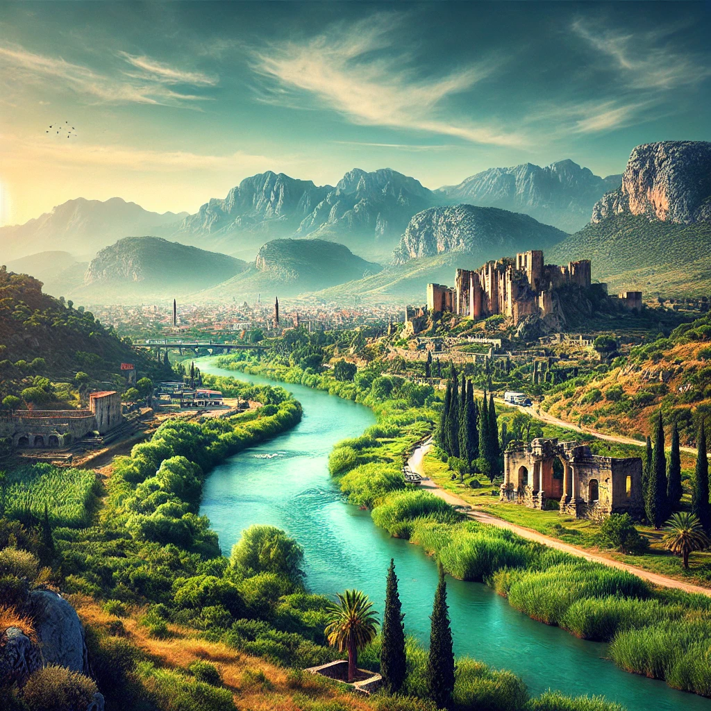 A scenic view of Hatay, Turkey featuring the Orontes River flowing through the lush, green Nur Mountains.