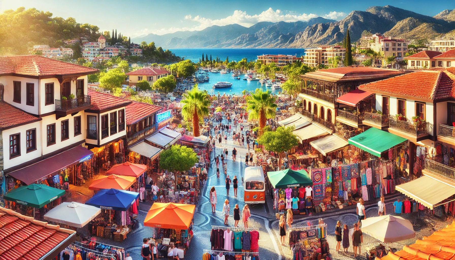 Vibrant view of Hisarönü, Turkey, showcasing the bustling main strip with shops, bars, restaurants, colorful market stalls, lush green hills, and nearby mountains