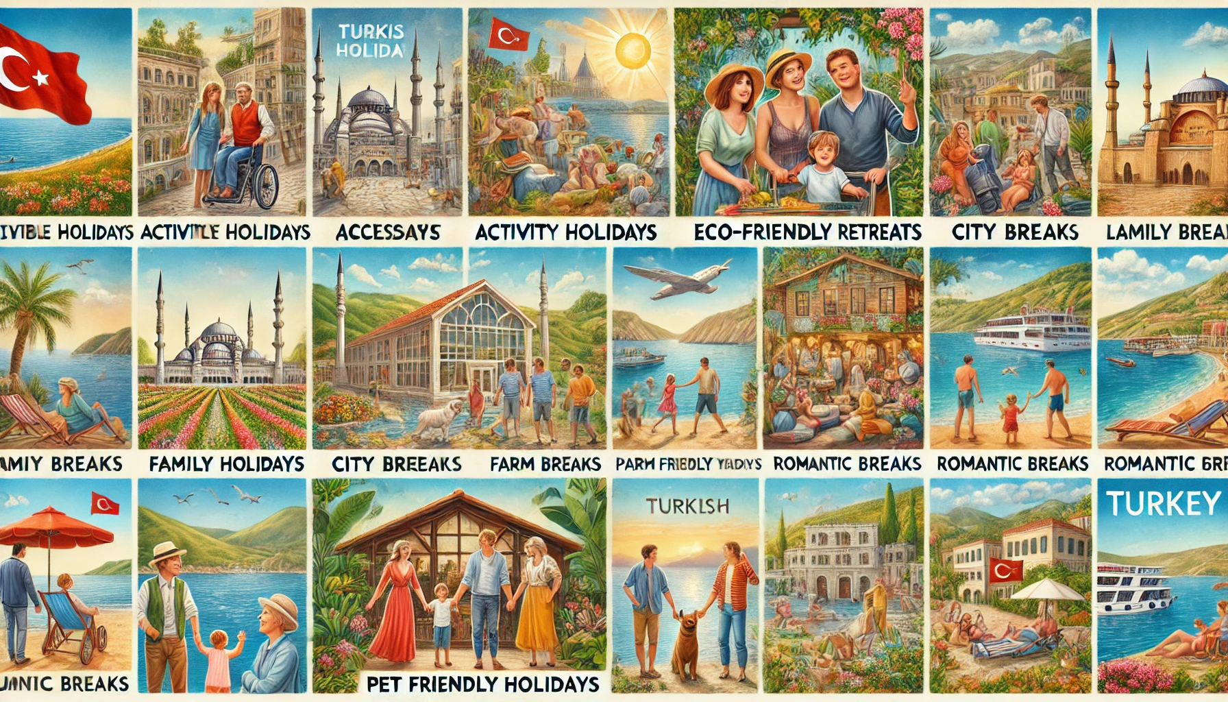 Collage showcasing various types of holidays in Turkey, including accessible holidays, activity holidays, city breaks, eco-friendly retreats, family holidays, farm stays, luxury breaks, pet friendly holidays, romantic getaways, and seasonal breaks.