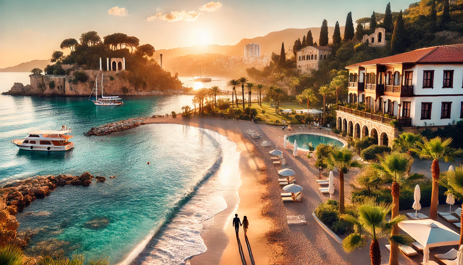 A romantic beach scene in Antalya, Turkey, with a couple walking hand in hand along a pristine beach at sunset, surrounded by luxurious resorts and lush greenery.