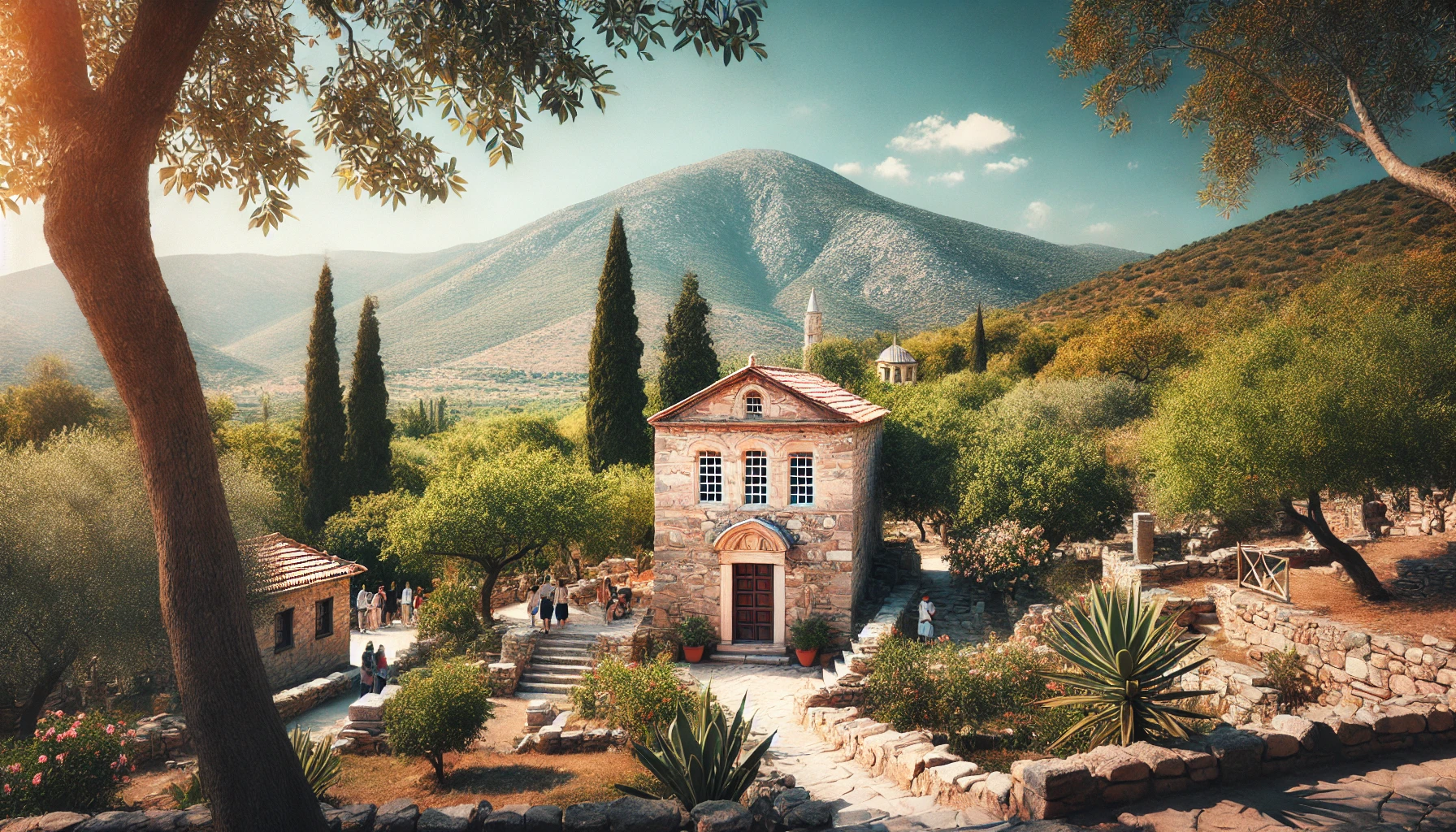 A picturesque view of the House of the Virgin Mary in Ephesus, Turkey. The small stone house is surrounded by lush greenery and set against the backdrop of Mount Koressos under a clear blue sky. Visitors are seen exploring the serene site.