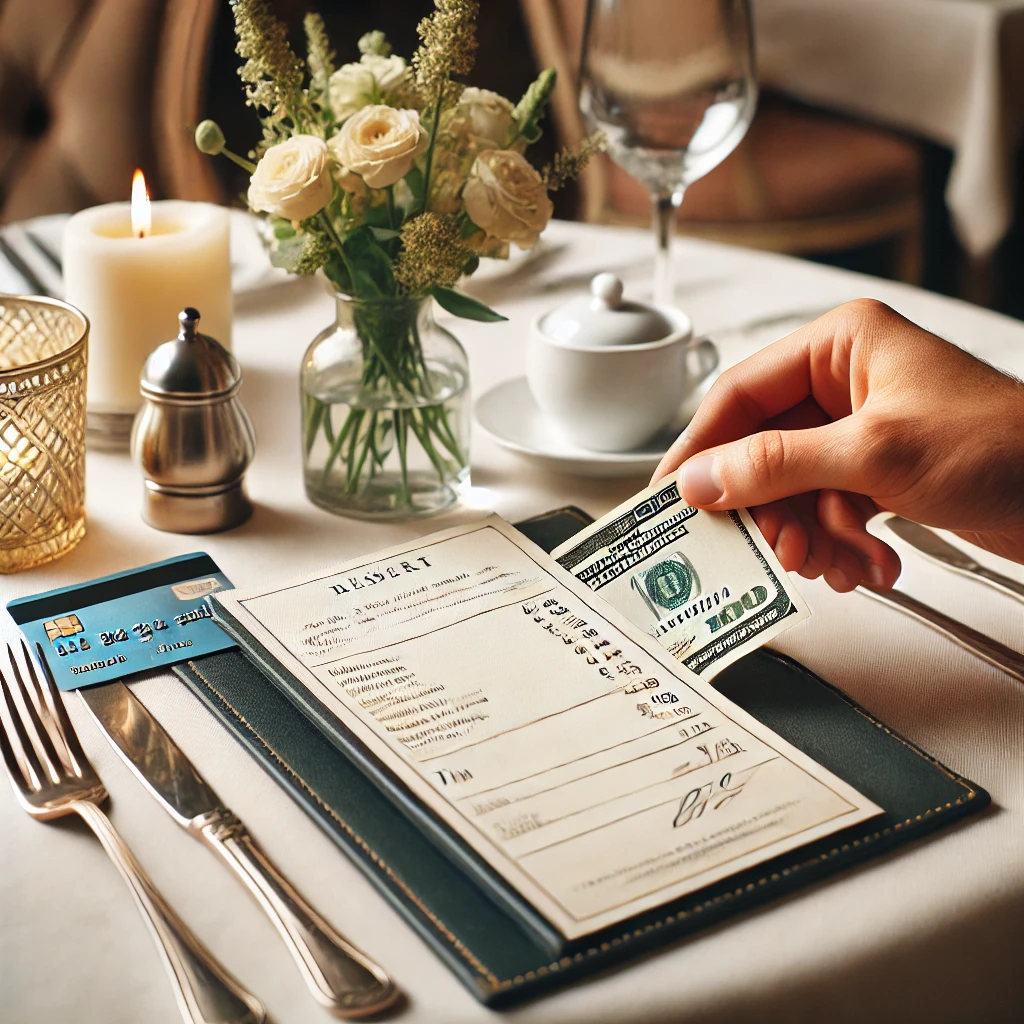 Hand adding cash tip to bill on an elegantly set restaurant table with credit card and flowers.