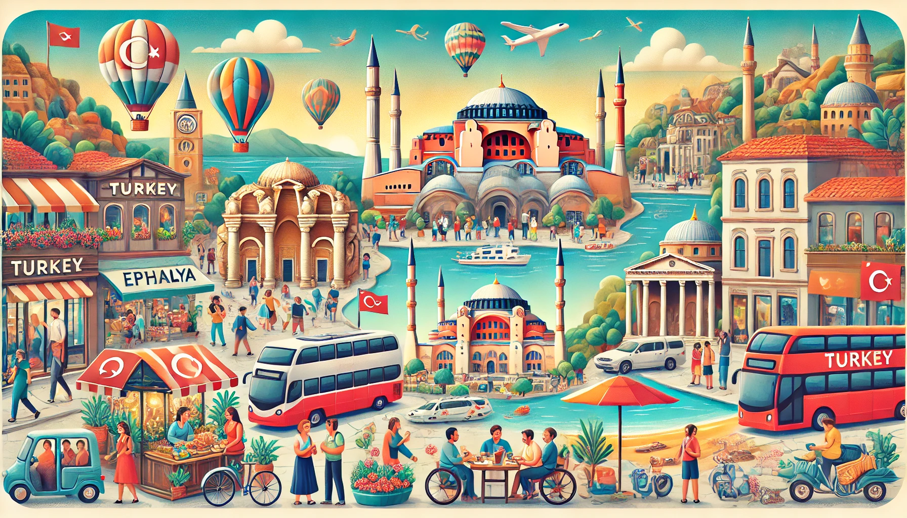 A vibrant and diverse scene showcasing Turkey's most visited cities, including Istanbul's Hagia Sophia, Cappadocia's hot air balloons, Antalya's beaches, and Ephesus' ancient ruins, with tourists engaging respectfully.