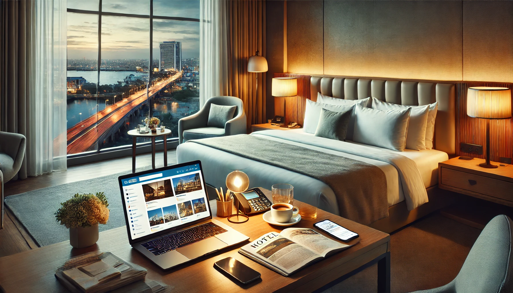 Cozy hotel room with a king-size bed, city view, and laptop showing hotel booking websites.