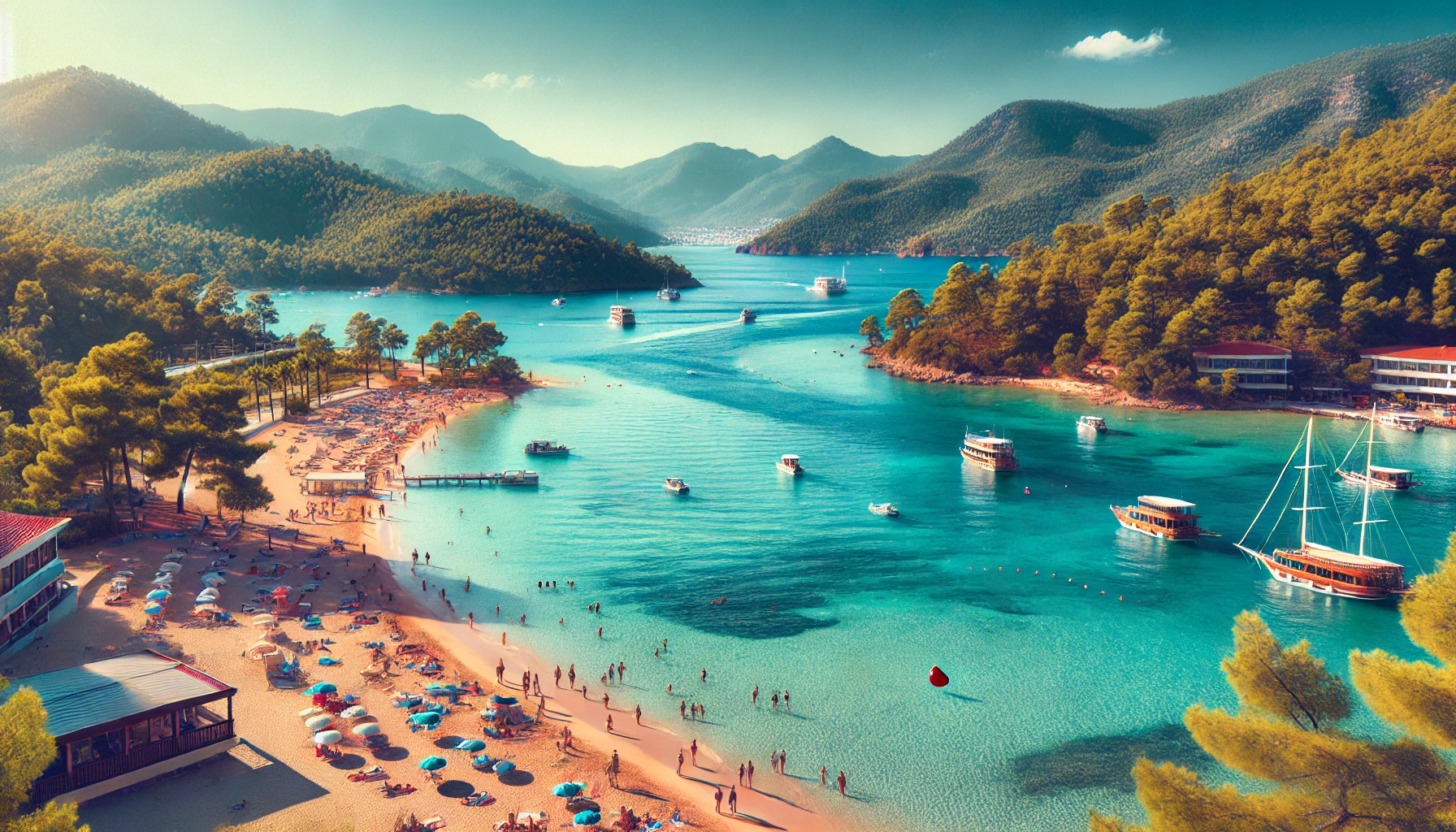 Scenic view of Içmeler, Turkey, showcasing its beautiful beach with clear blue waters, fine golden sand, and people enjoying sunbathing and swimming. Lush green mountains and pine forests are visible in the background, with boats sailing in the calm sea.